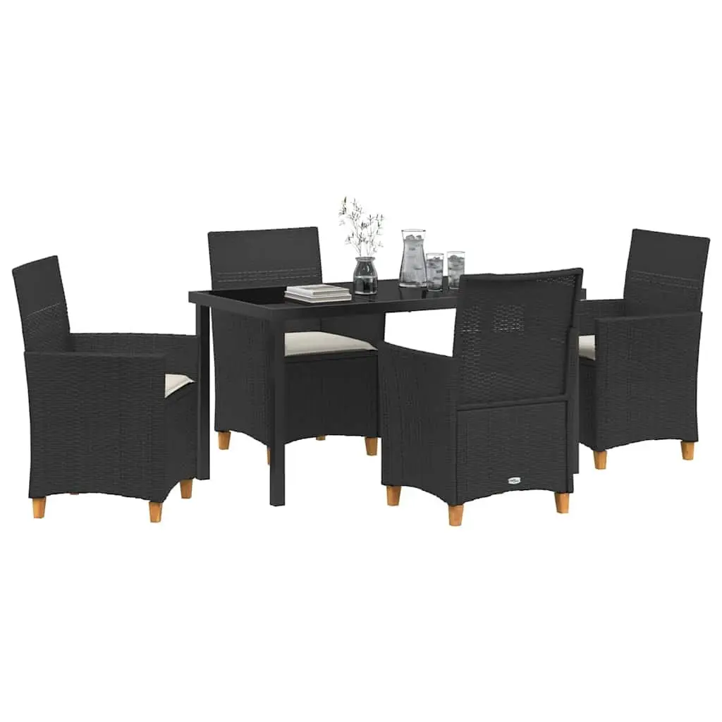 Garden Dining Set Modern 5 Piece Black Poly Rattan Outdoor Furniture with Glass Table