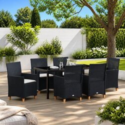 Garden Dining Set 7 Pieces Black Outdoor Furniture Poly Rattan Steel Glass Top