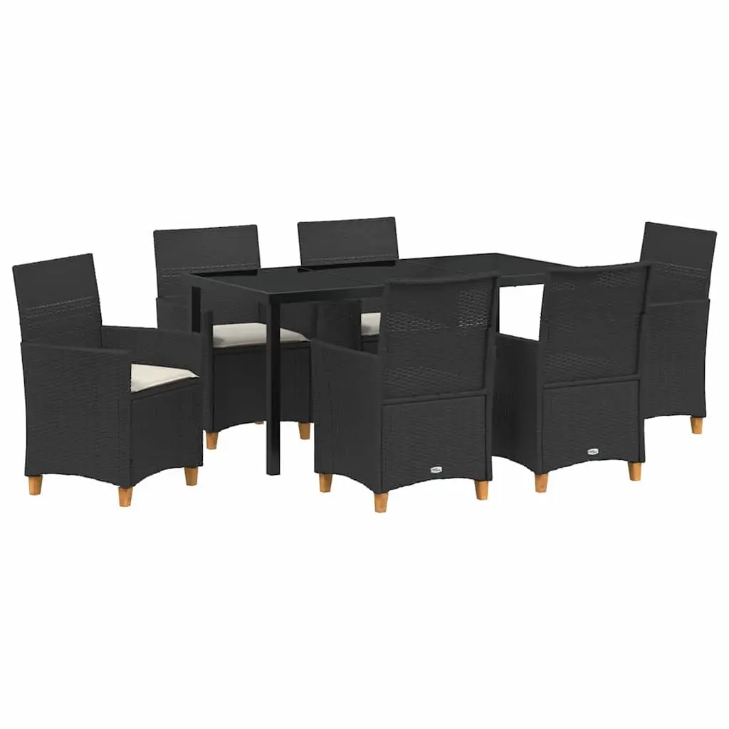 Garden Dining Set 7 Pieces Black Outdoor Furniture Poly Rattan Steel Glass Top