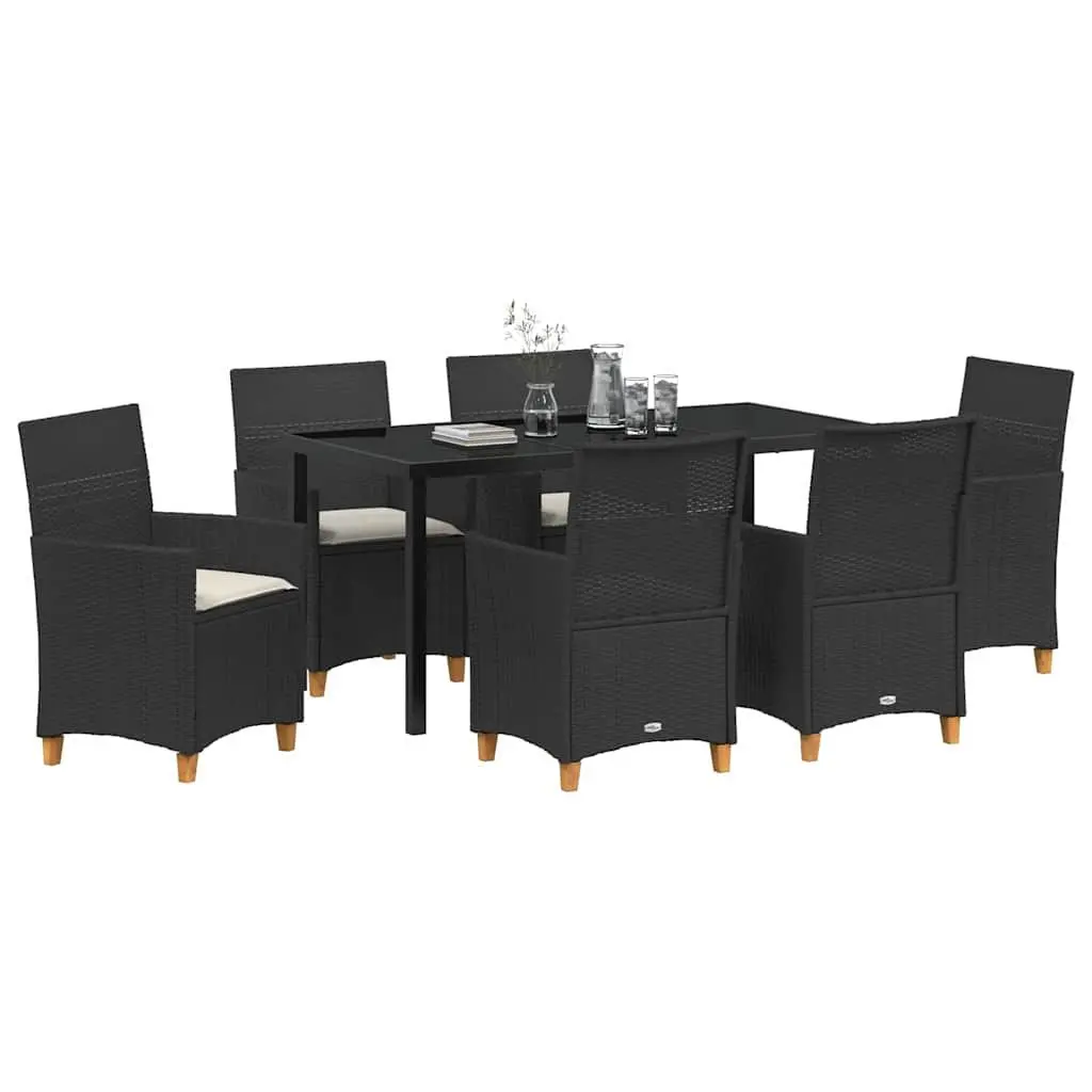 Garden Dining Set 7 Pieces Black Outdoor Furniture Poly Rattan Steel Glass Top