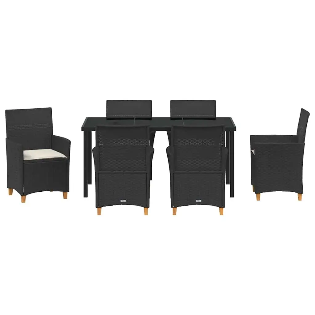 Garden Dining Set 7 Pieces Black Outdoor Furniture Poly Rattan Steel Glass Top