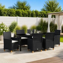 Garden Dining Set 7 Pieces Black Outdoor Furniture Poly Rattan Glass Top Steel