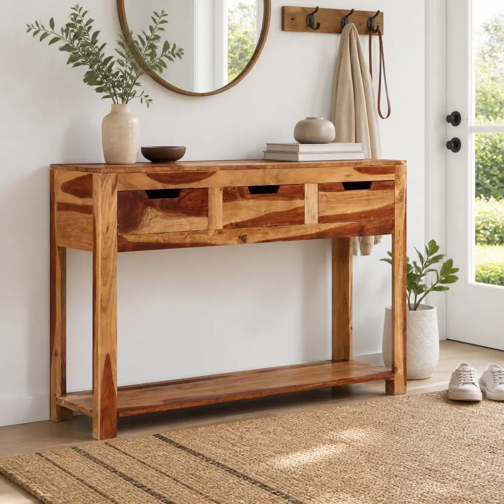 Wooden Console Table 110x35x75 cm Solid Acacia Side Hallway End Table 3 Drawer