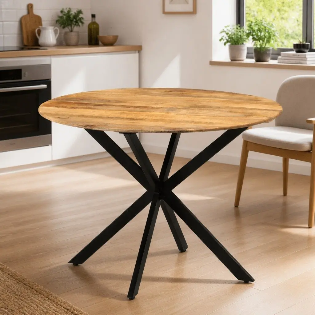 Dining Table Round 110cm Solid Wood Mango Steel Frame Kitchen Room Furniture