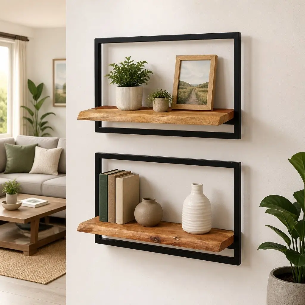 Wall Shelves Wooden Floating 2 pcs Brown Acacia Shelf Storage Display Home