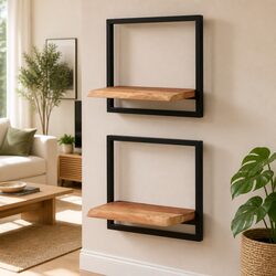 Wall Shelves 2 pcs Solid Wood Acacia Steel Frame Floating Display Shelving Brown