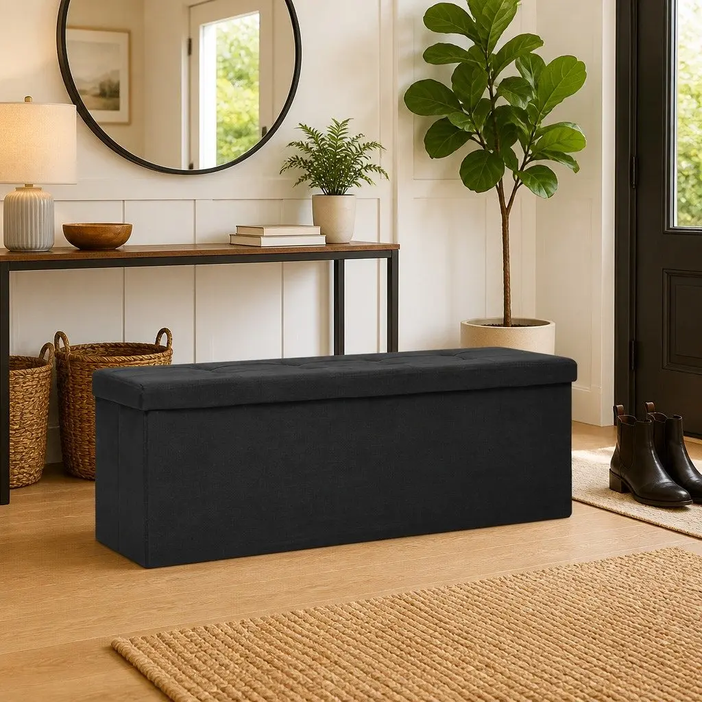 Folding Storage Bench Black Faux Linen 48 Inch