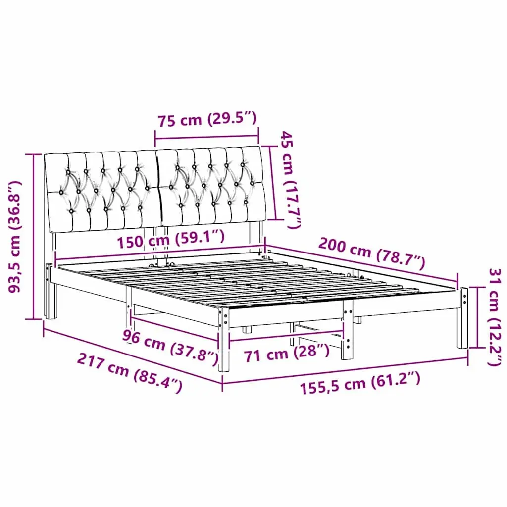 Bed Frame with Upholstered Headboard Brown 150 x 200 cm Platform Slatted Base