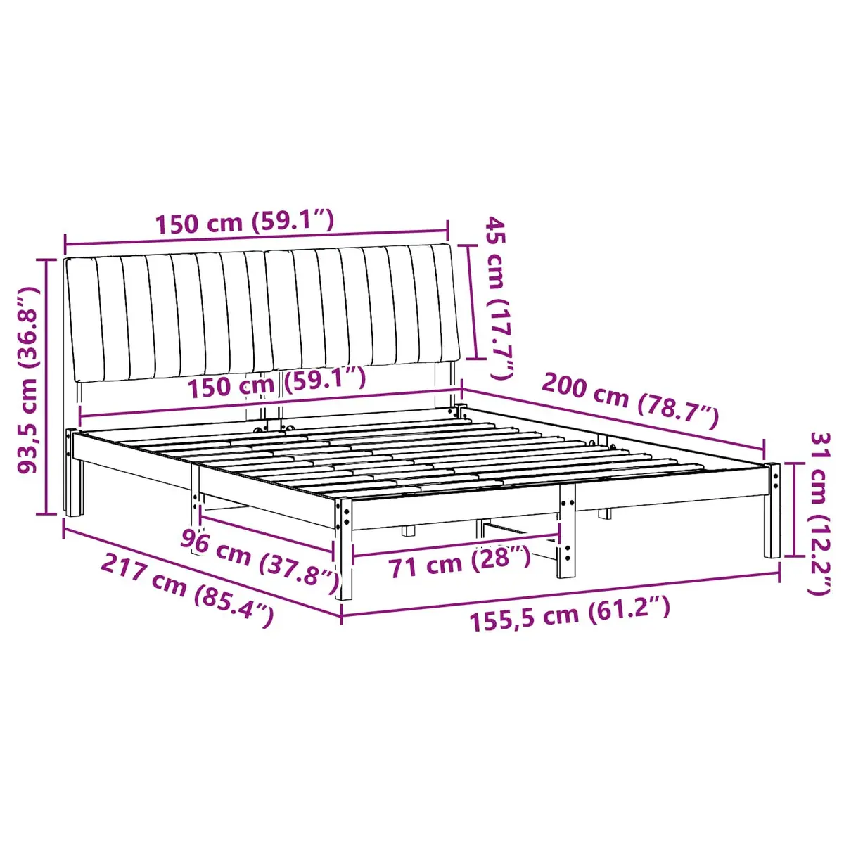 Bed Frame Upholstered Headboard Brown 150 x 200 cm Solid Pine Wood Platform