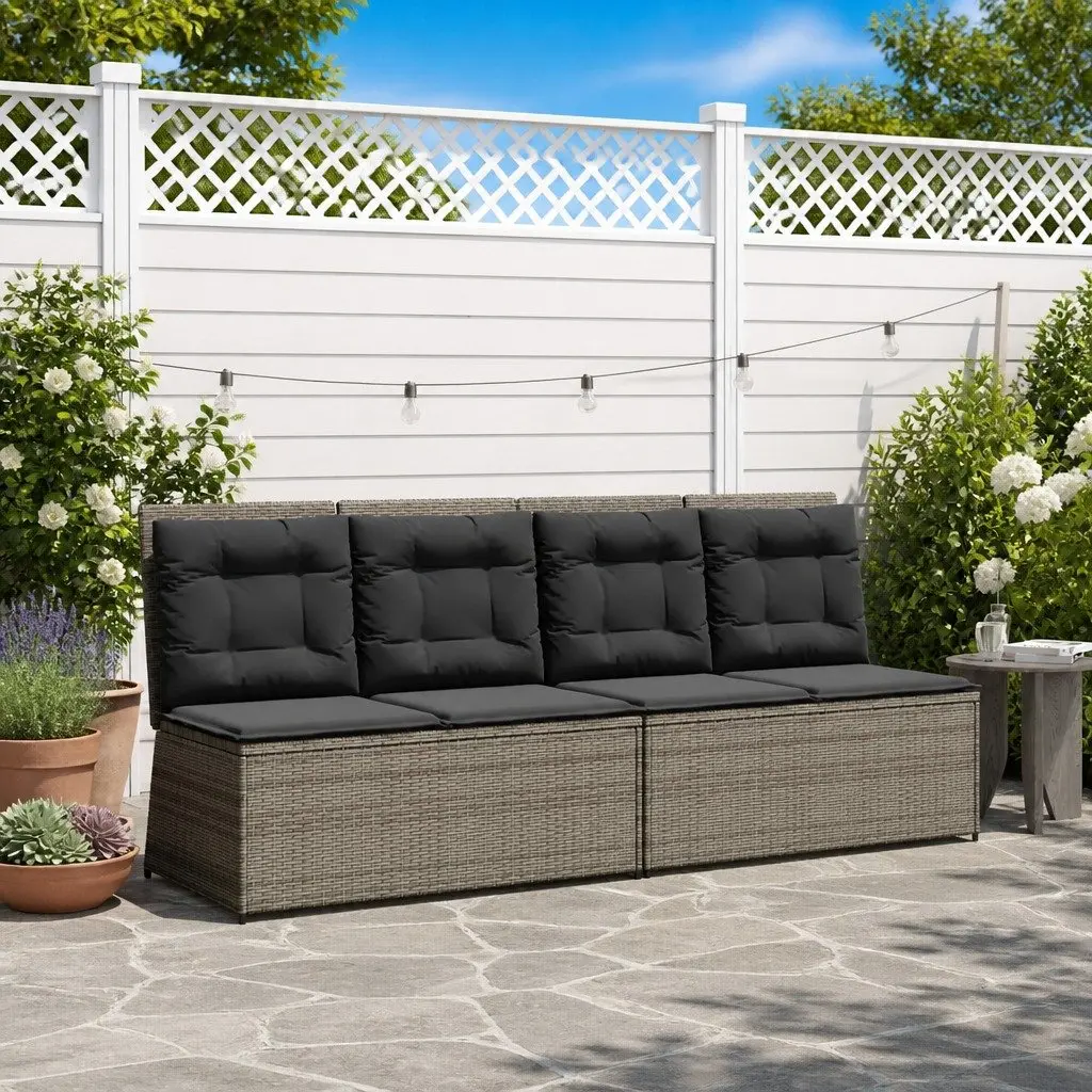 Outdoor Furniture Garden Bench Adjustable Backrest Grey Poly Rattan with Cushions