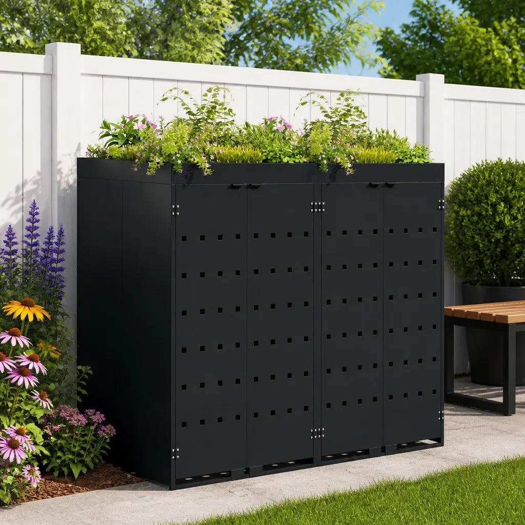 Wheelie Bin Storage 2 Bins Black Garden Outdoor Waste Container Enclosure