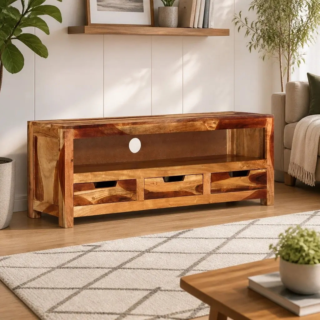 Solid Wood TV Cabinet Brown Acacia 110cm Entertainment Unit with Storage Drawers
