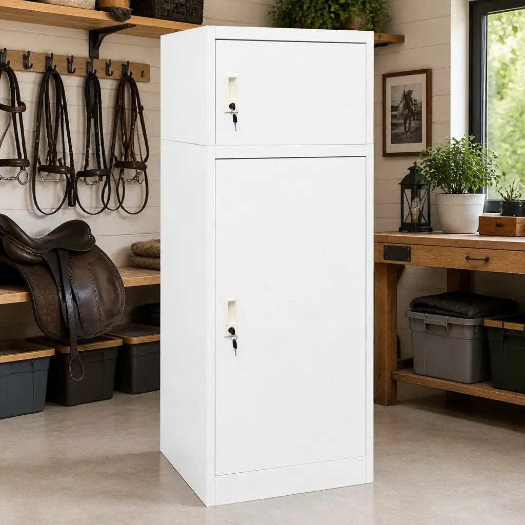 Saddle Cabinet White 53x53x140 cm Steel Tack Locker Stable Storage Cupboard