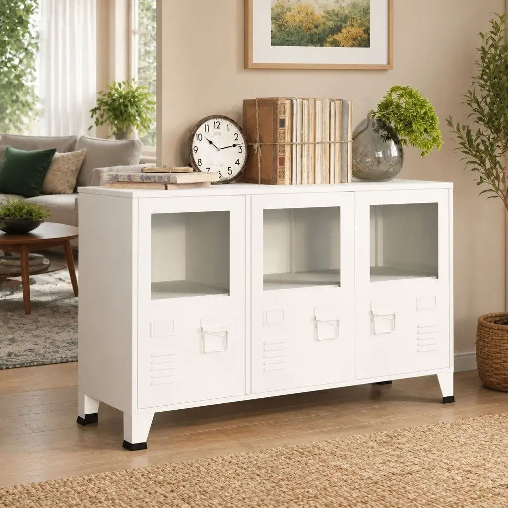 Industrial Sideboard White Metal Frame Glass Door Storage Cabinet 105W x 35D x 62H cm