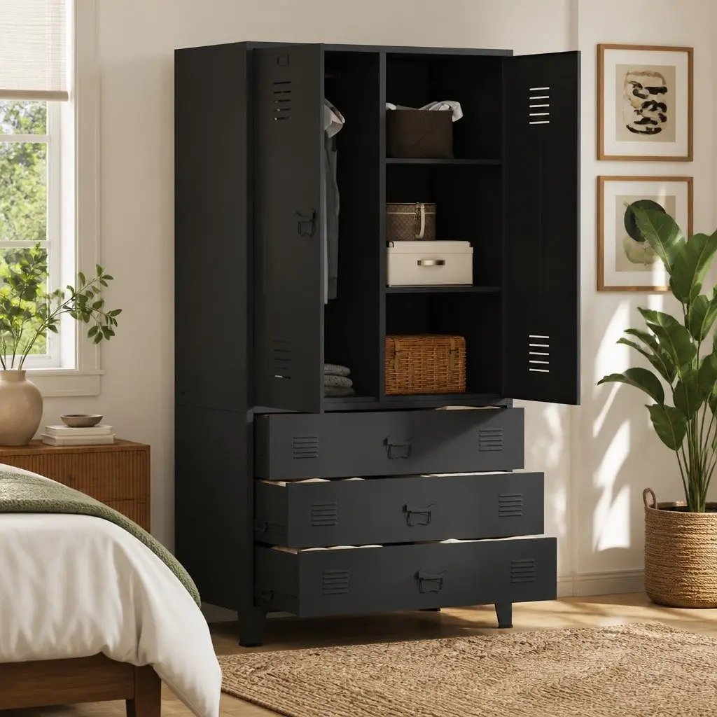 Black Metal Wardrobe Storage Cabinet 90x50x180cm