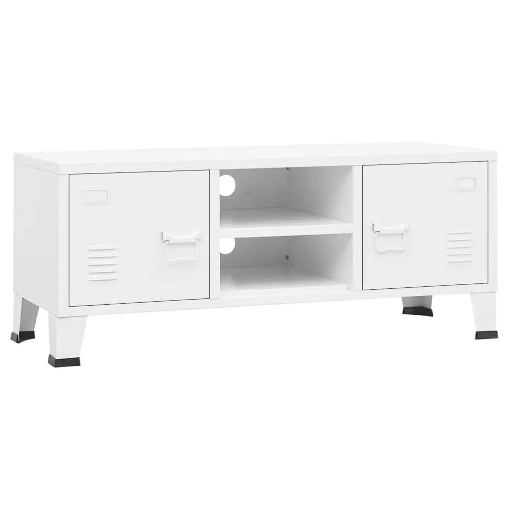 Industrial TV Cabinet White Metal Storage Unit with Doors and Shelf 105 x 35 x 42 cm