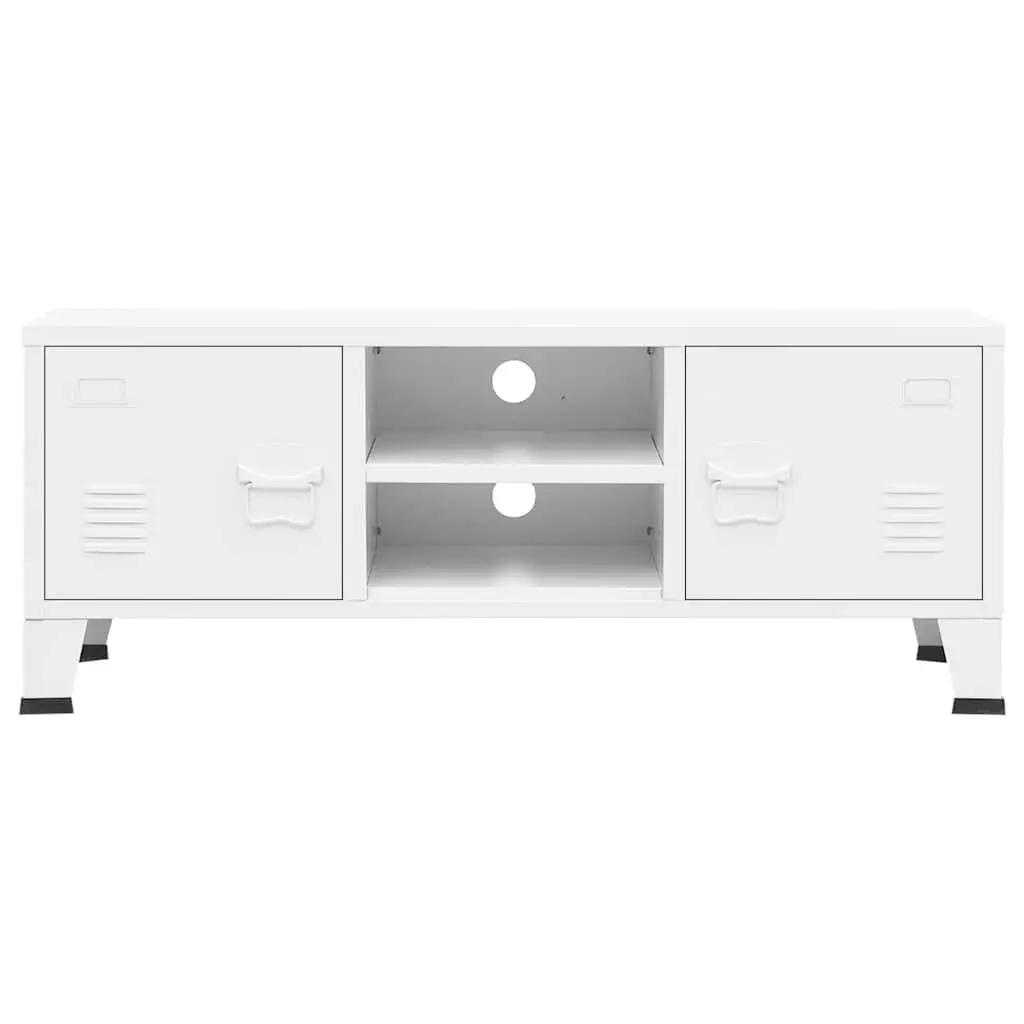 Industrial TV Cabinet White Metal Storage Unit with Doors and Shelf 105 x 35 x 42 cm