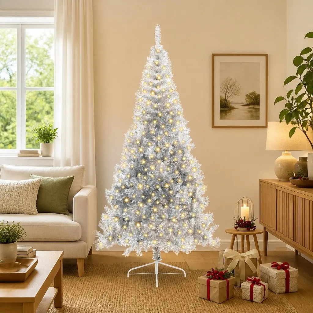 Artificial Christmas Tree Pre-lit Cone Shape 240cm Silver with Warm White LED Lights