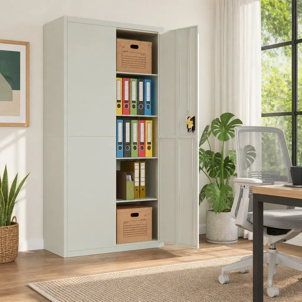 File Cabinet Grey Steel Adjustable Shelves Lockable Storage Cupboard Office