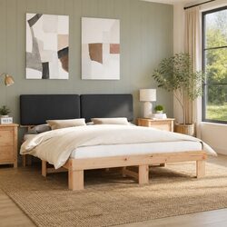 Grey Bed Frame with Upholstered Headboard 180x200cm Platform Slatted Base