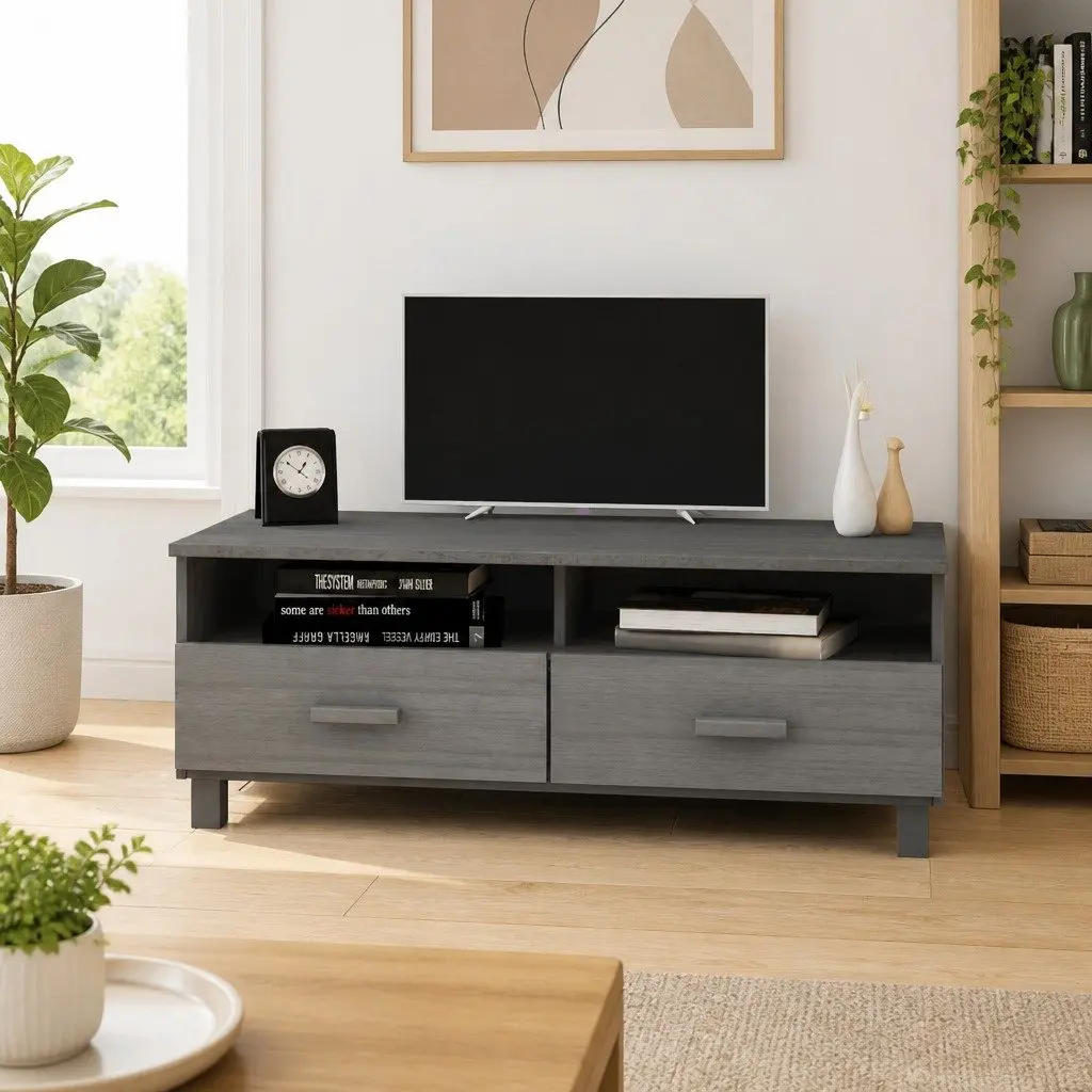 Grey Wooden TV Cabinet with Sliding Drawers and Open Compartments 106x40x40cm