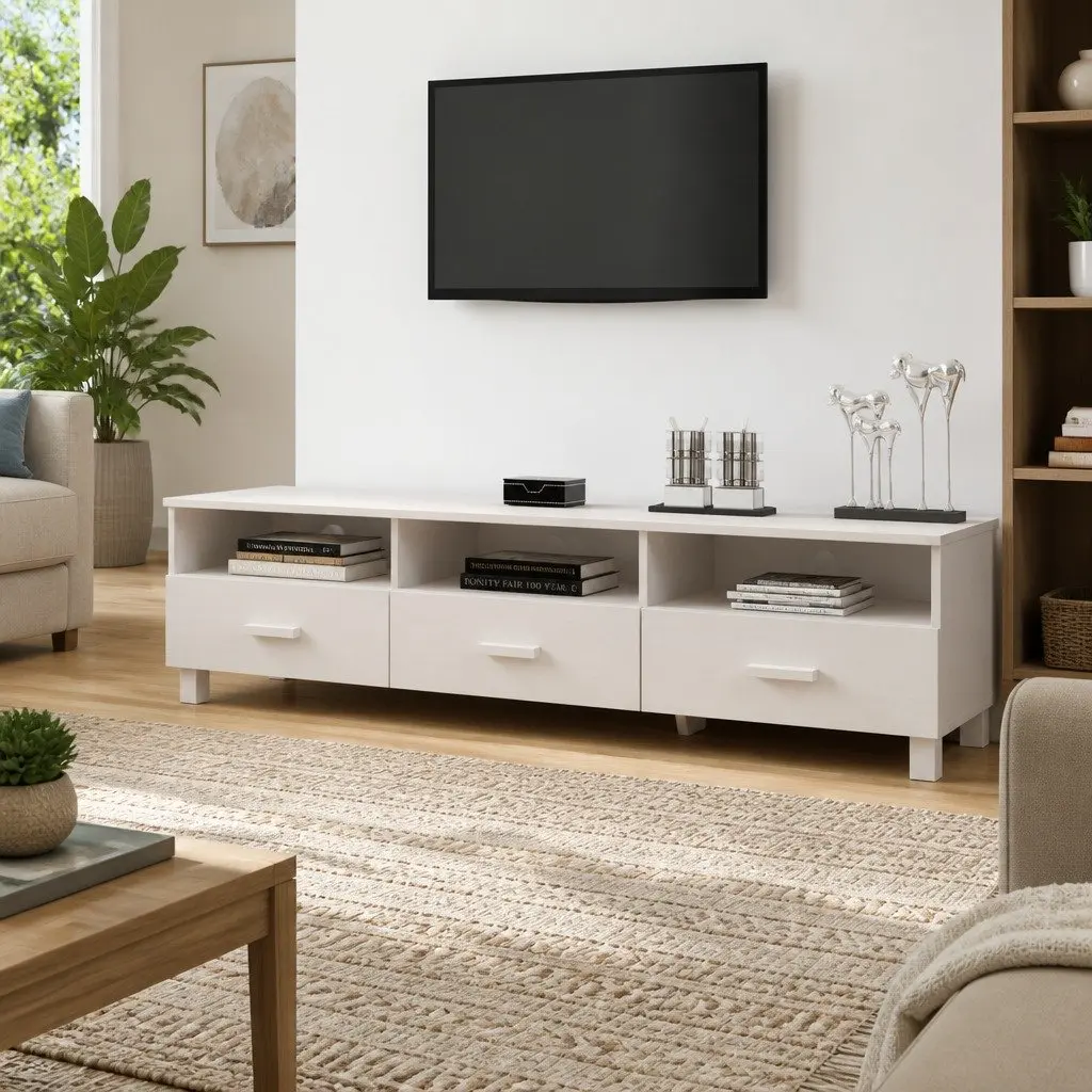 TV Cabinet White Solid Pine Wood 158x40x40cm with 3 Drawers