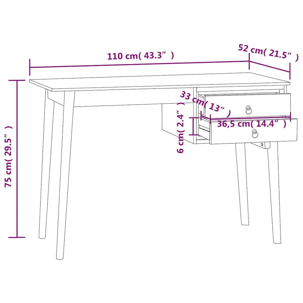 Solid Wood Desk Rustic Brown 110 x 52 x 75 cm