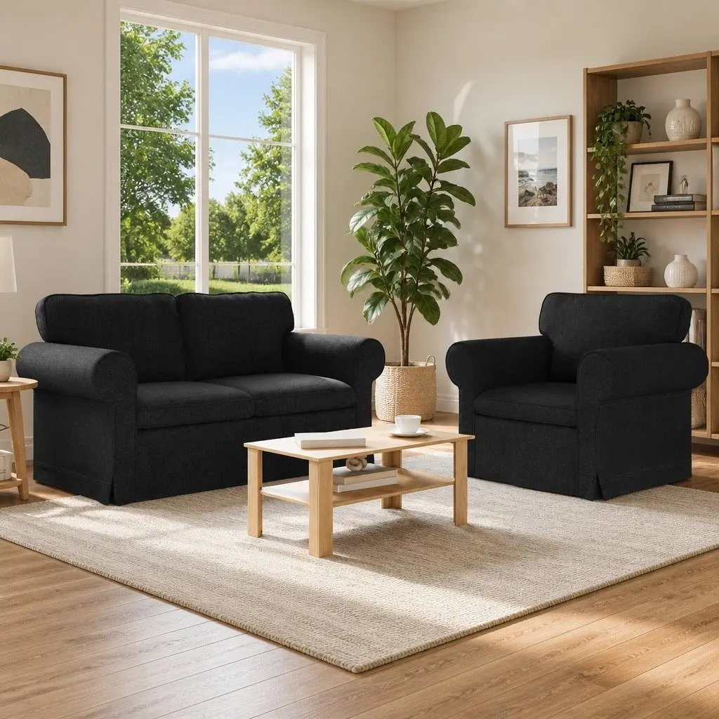 Modular Sofa Set Black Contemporary 2 Piece Fabric Couch