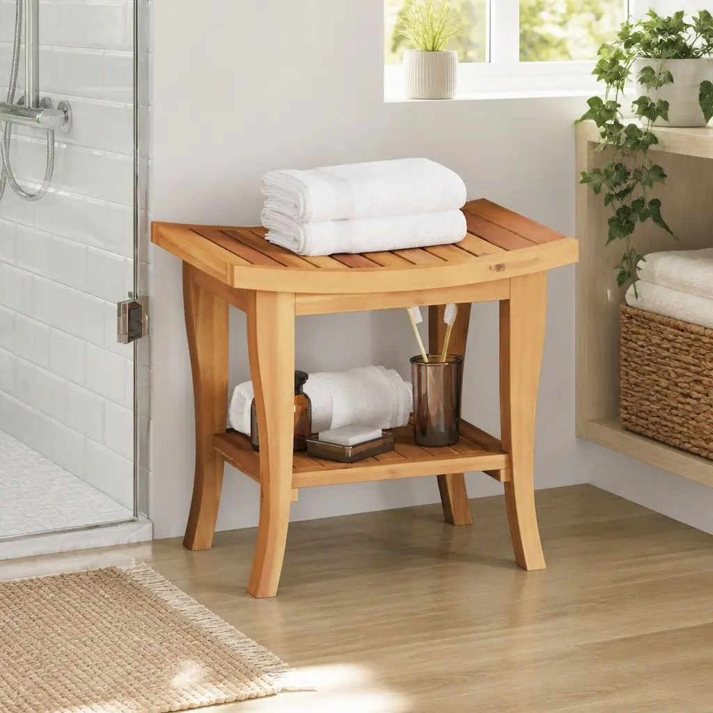 Wooden Bathroom Side Table Teak Storage Shelf 50x35x45cm