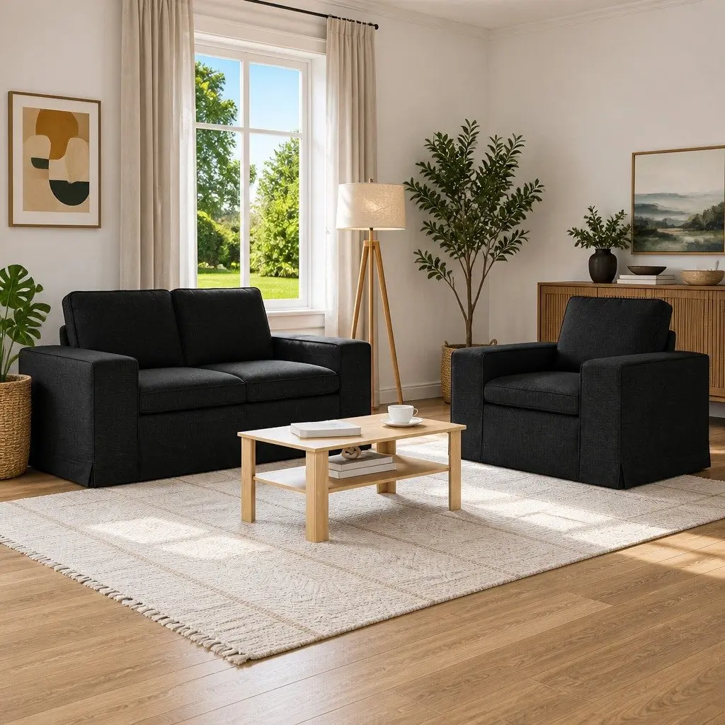 2 Piece Modular Fabric Sofa Set Black Contemporary Sectional Couch