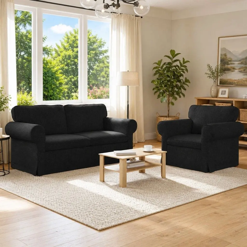 2-Piece Modular Sofa Set in Black Fabric