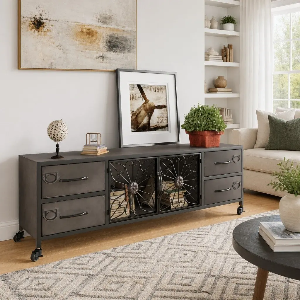 TV Cabinet Silver 110x30x40 cm Storage Unit with 4 Drawers and 2 Doors on Wheels