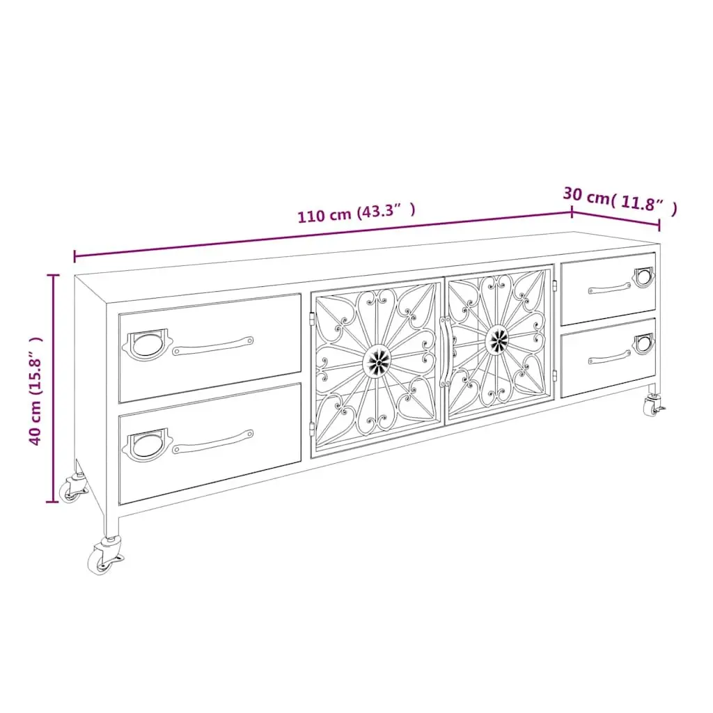 TV Cabinet Silver 110x30x40 cm Storage Unit with 4 Drawers and 2 Doors on Wheels