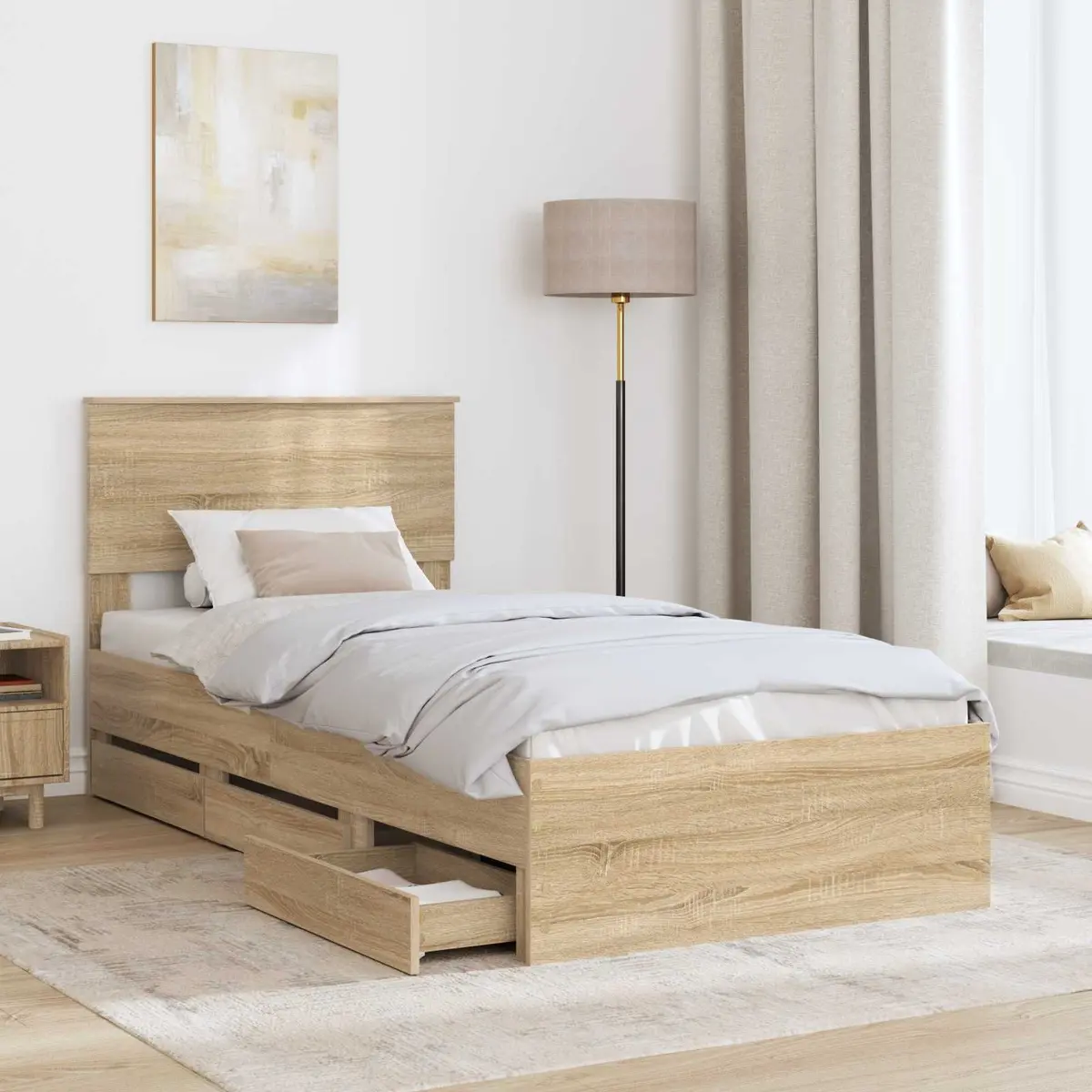 Bed Frame with Storage Drawer Modern Minimalist Sonoma Oak 90 x 190 cm Engineered Wood