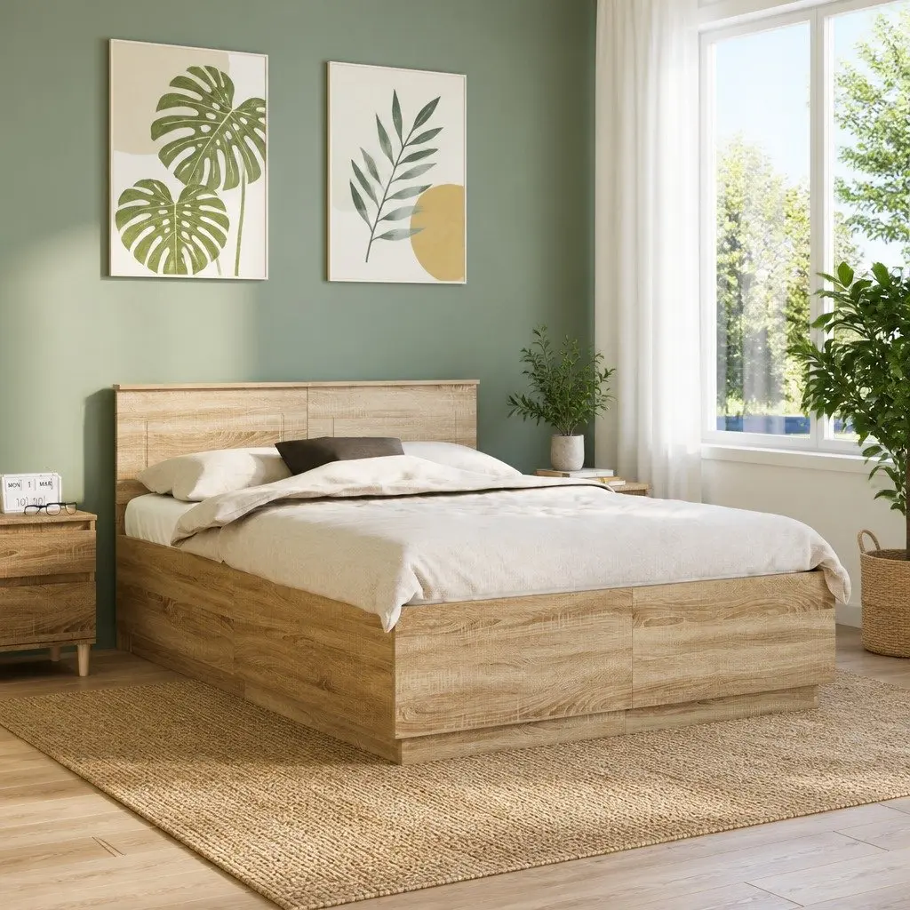 Bed Frame Brown Engineered Wood 150x200cm Adjustable Headboard LED Lights USB