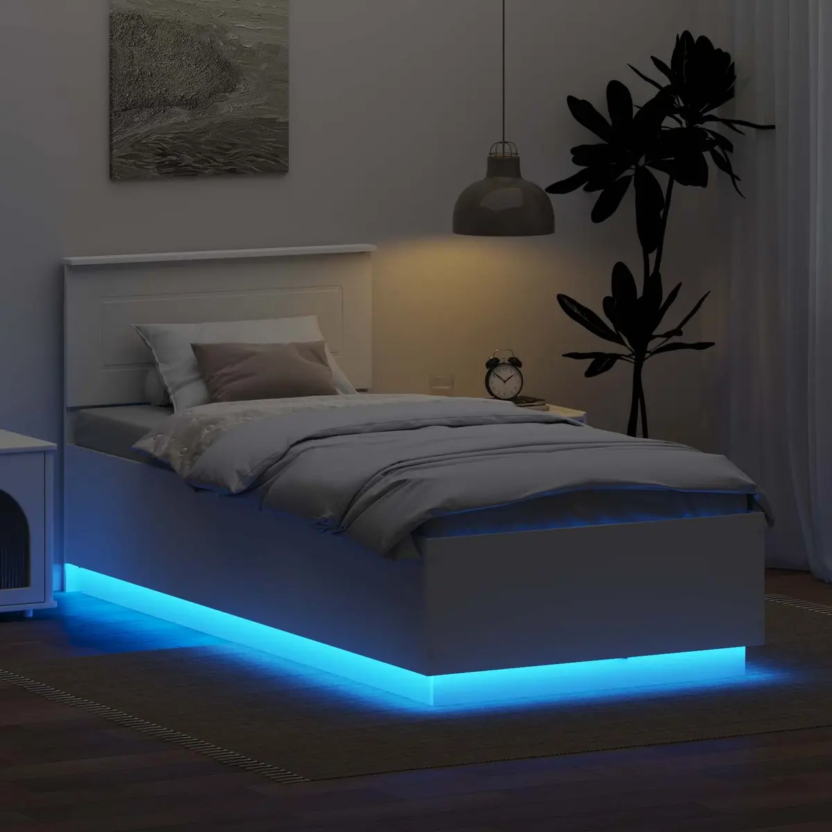 White Bed Frame with Headboard and LED Lights 90 x 190 cm
