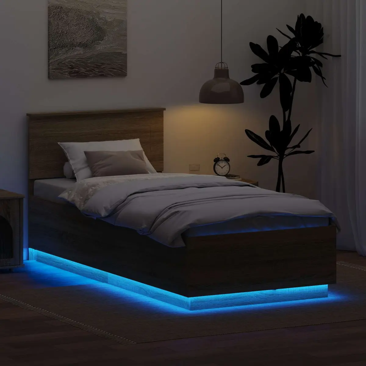 Bed Frame with Headboard Brown Engineered Wood 90 x 190 cm LED USB Charging