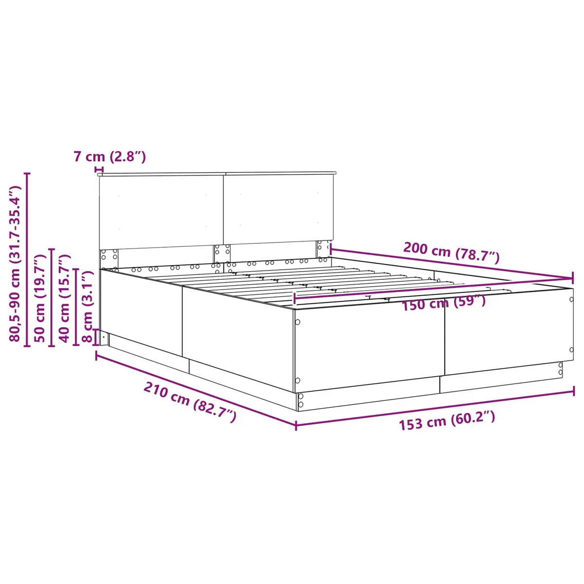 Bed Frame 150 x 200 cm Brown Modern Wall-Mounted Headboard Engineered Wood