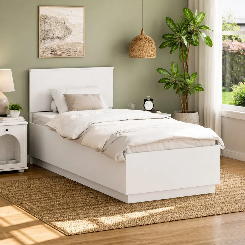 White Bed Frame with Adjustable Wall-Mounted Headboard