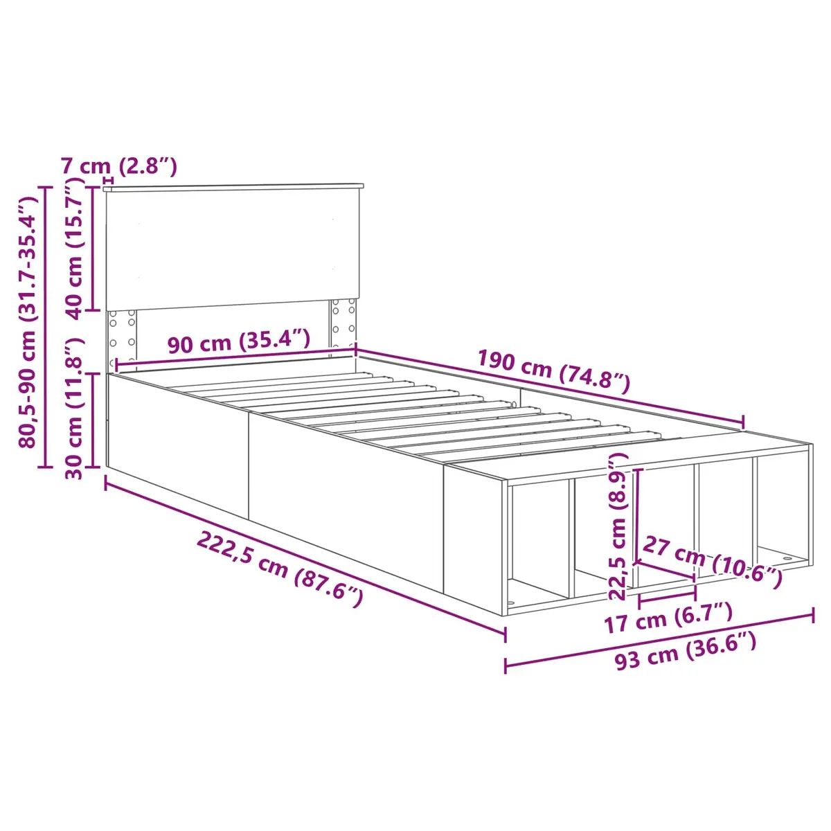 Bed Frame with Storage Shelf White 90 x 190 cm Adjustable Footboard