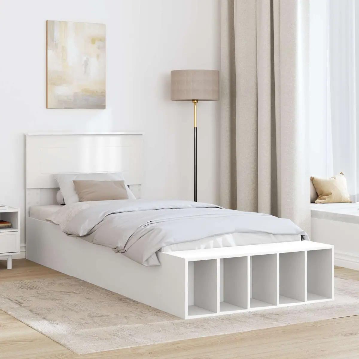 Bed Frame with Storage Shelf White 90 x 190 cm Adjustable Footboard