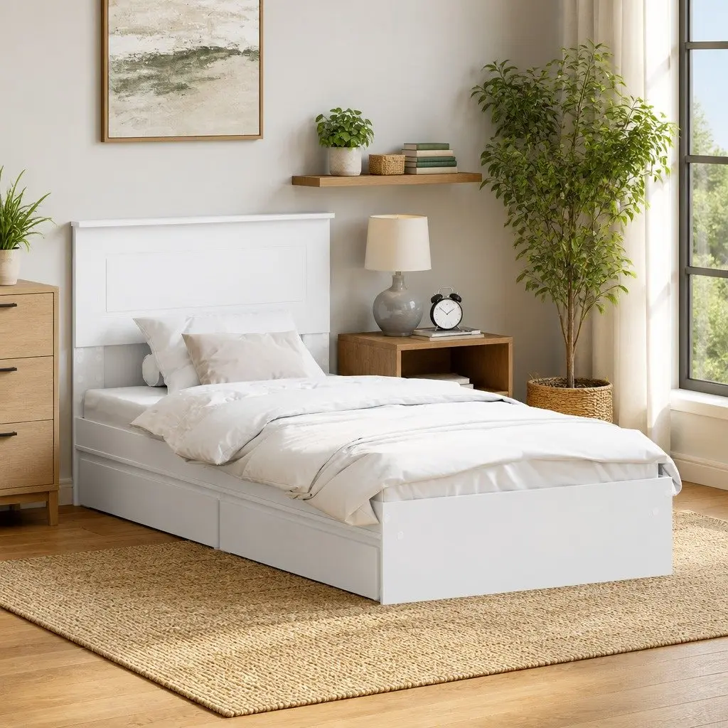 Storage Bed Frame with Drawer Modern White 90 x 190 cm
