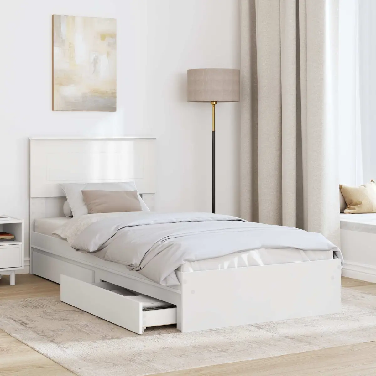 Storage Bed Frame with Drawer Modern White 90 x 190 cm