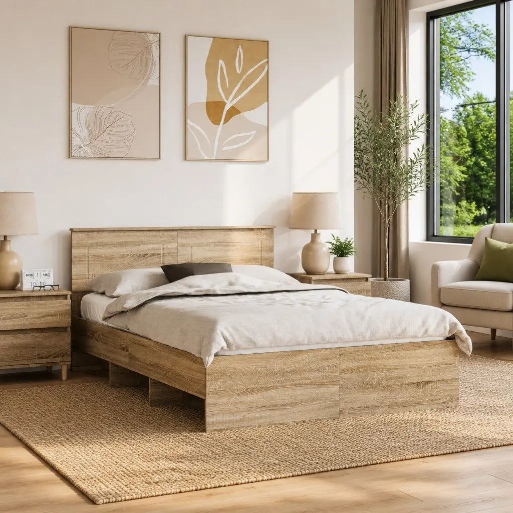 Bed Frame 150 x 200 cm Modern Engineered Wood with Headboard Brown Bedroom