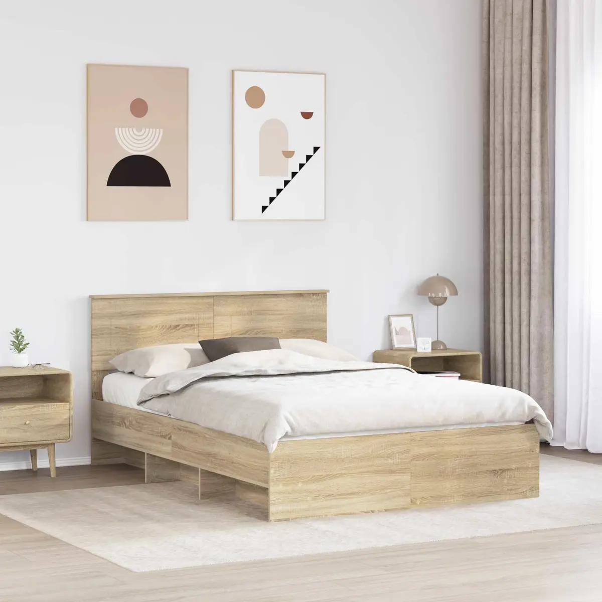 Bed Frame 150 x 200 cm Modern Engineered Wood with Headboard Brown Bedroom
