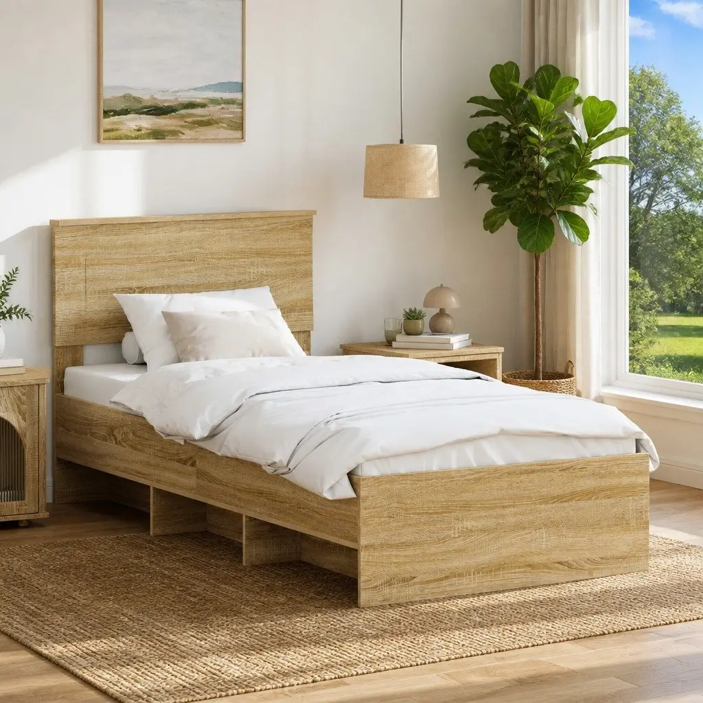 Bed Frame with Headboard Brown 90 x 200 cm Engineered Wood Modern