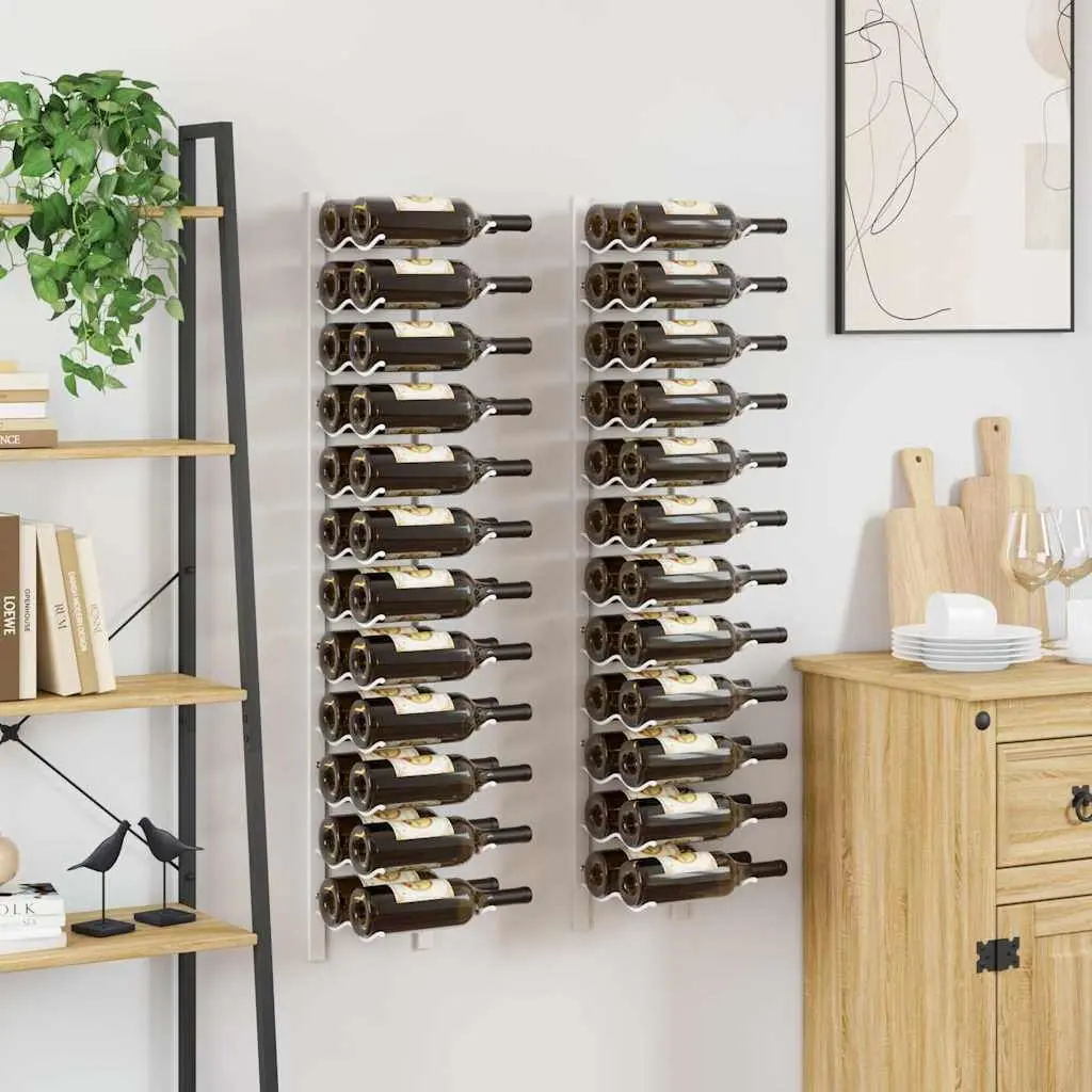 Wall Mounted Wine Rack for 24 Bottles White Iron Storage Organiser Set 2 pcs