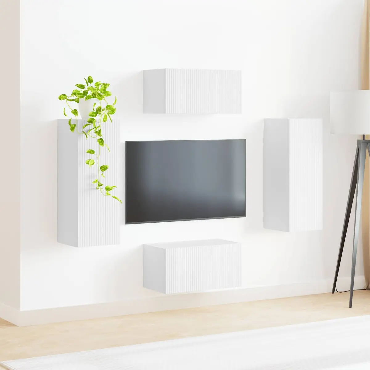 Wall-mounted TV Cabinet Set White Modern Storage Unit 2 Pieces