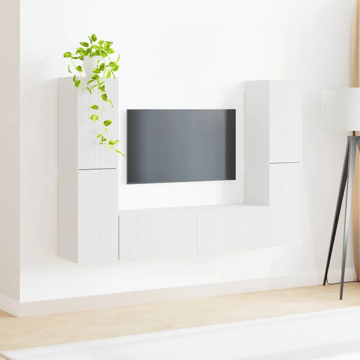 TV Cabinet Set Modern Minimalist White 6 Piece Storage Unit