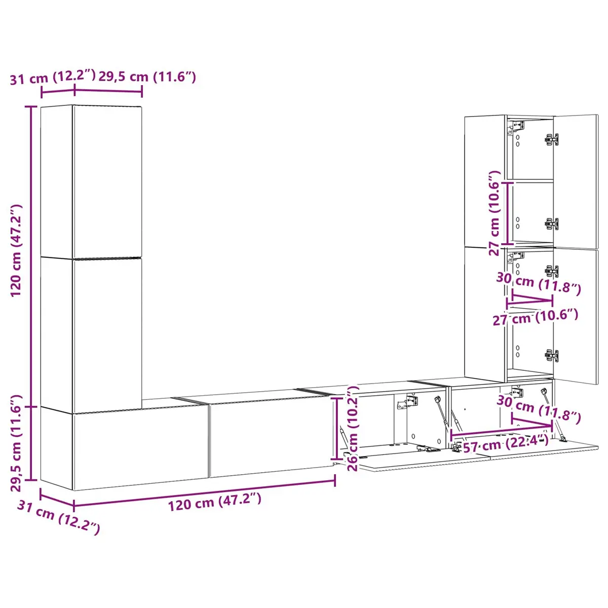 TV Cabinet Set 8 Pieces White Engineered Wood Entertainment Storage Furniture